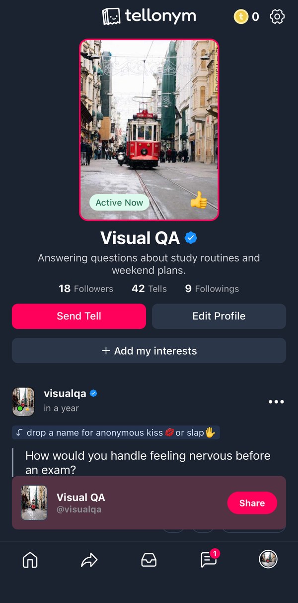 Profile screen, Today (navy)
